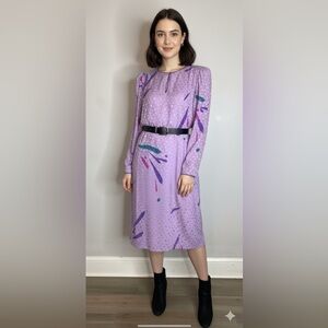Vintage 80s Flora Kung Sheath‎ Dress Purple Silk Retro Glam Puff Shoulder